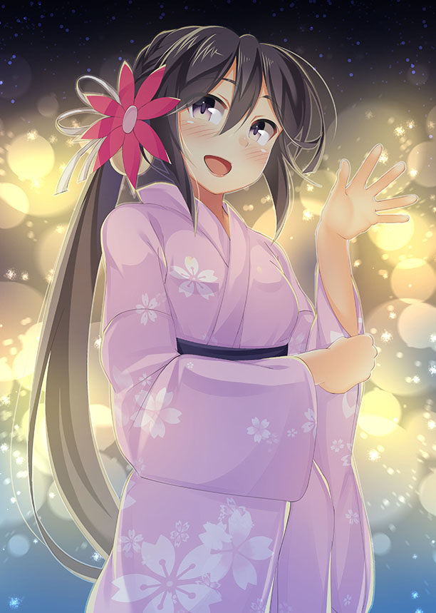 1girl, akebono_(kantai_collection), bell, black_hair, floral_print, flower, hair_bell, hair_flower