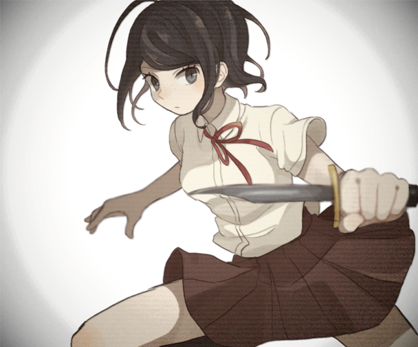 1girl, black_hair, blue_eyes, dangan_ronpa, dangan_ronpa_1, freckles, ikusaba_mukuro, knife