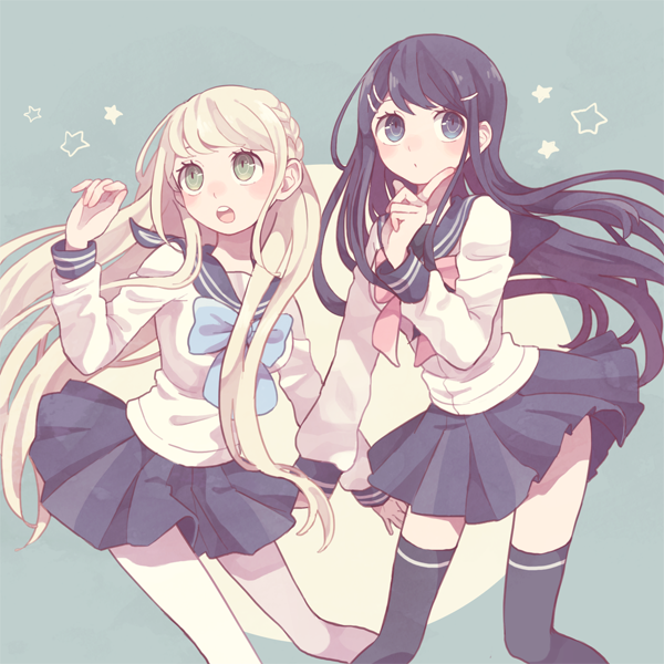 2girls, blonde_hair, blue_eyes, blue_hair, braid, dangan_ronpa, green_eyes, hair_ornament