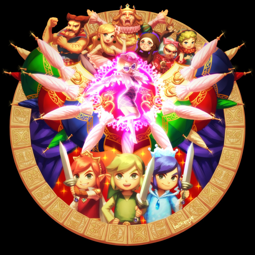 bellhenge, blonde_hair, blue_eyes, dual_persona, hat, highres, link, long_hair, master_sword, multiple_boys, open_mouth, pointy_ears, princess_zelda, short_hair, taers, the_legend_of_zelda, the_legend_of_zelda:_tri_force_heroes, toon_link, toon_zelda, weapon, white_hair