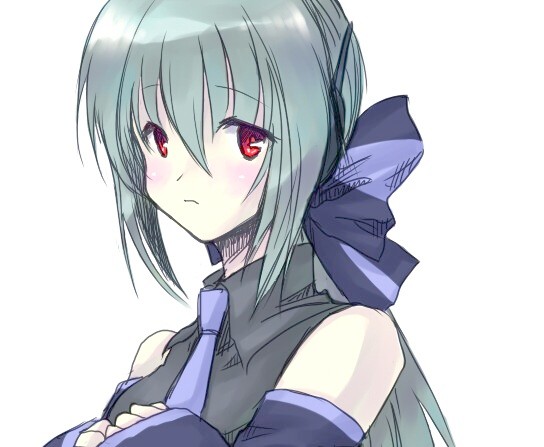detached_sleeves, onimaru, onimaru_gonpei, red_eyes, ribbon, silver_hair, solo, vocaloid