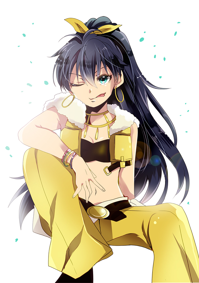 1girl, beyond_the_vibes, black_bra, black_hair, blue_eyes, bra, bracelet, breasts