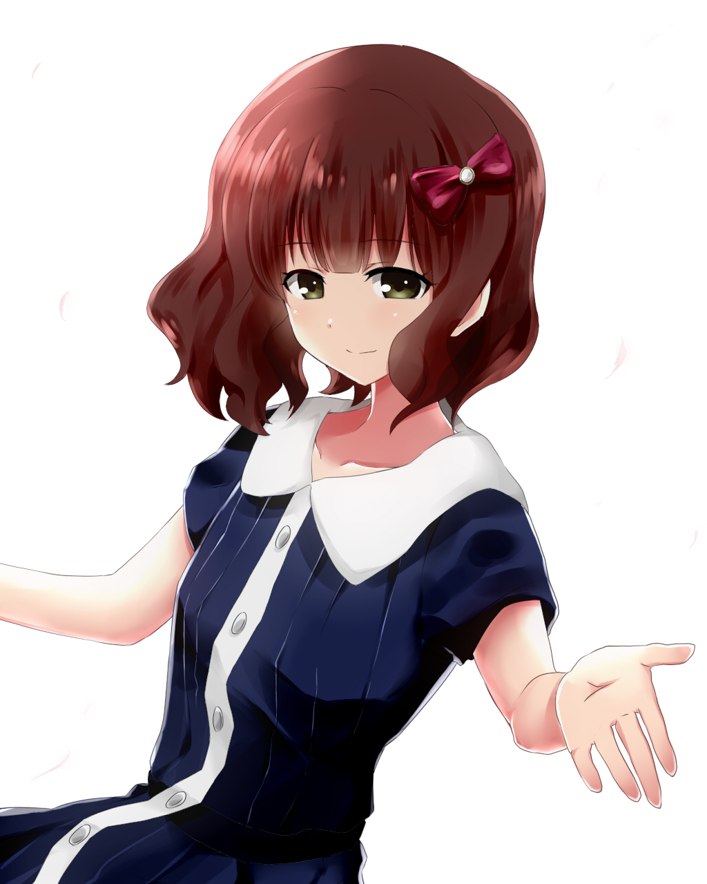 1girl, blue_dress, bow, brown_hair, collarbone, dress, green_eyes, hair_bow