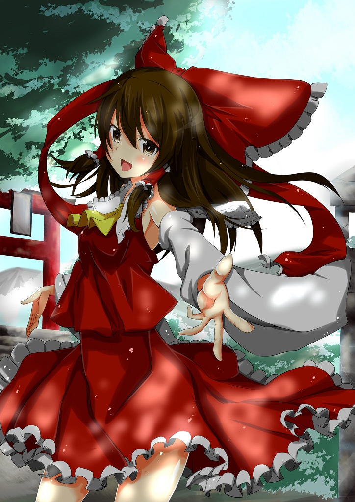 1girl, black_hair, bow, brown_eyes, detached_sleeves, hair_between_eyes, hair_bow, hair_ornament, hakurei_reimu, hijiri-tukasa, japanese_clothes, long_hair, miko, open_mouth, outdoors, red_bow, red_shirt, red_skirt, shirt, skirt, solo, torii, touhou