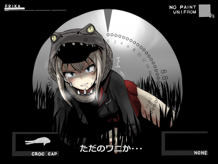 1girl, blue_eyes, crocodile_cap, engrish, fake_screenshot, girls_und_panzer, itsumi_erika, metal_gear_(series)