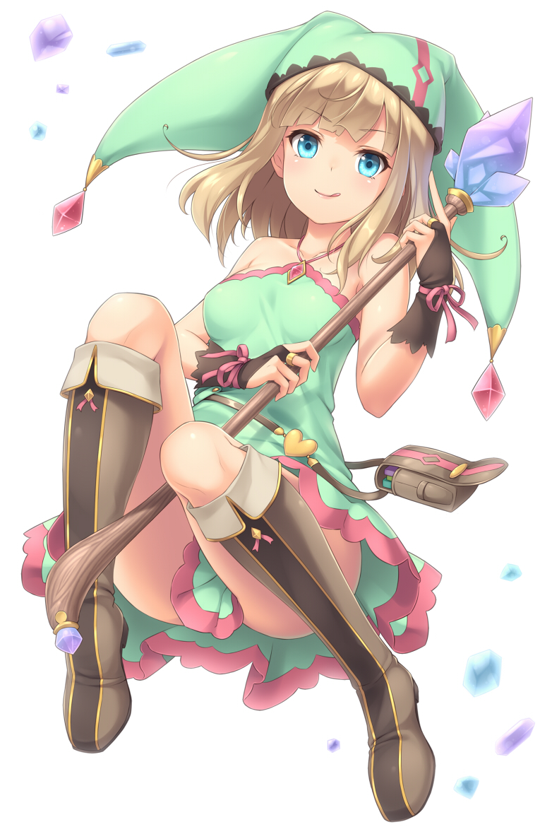 >:), >:q, 1girl, :q, bare_shoulders, blonde_hair, blue_eyes, boots, breasts, collarbone, dress, fingerless_gloves, full_body, gem, gloves, hat, heart, holding, holding_staff, jester_cap, jewelry, knee_boots, knees_up, long_hair, looking_at_viewer, medium_breasts, necklace, original, pouch, ribbon, sand-rain, sasaame, simple_background, sleeveless, sleeveless_dress, smile, solo, staff, tongue, tongue_out, tsurime, white_background, wrist_ribbon