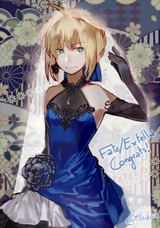 1girl, ahoge, bare_shoulders, black_gloves, blonde_hair, blue_dress, blue_ribbon, bridal_veil