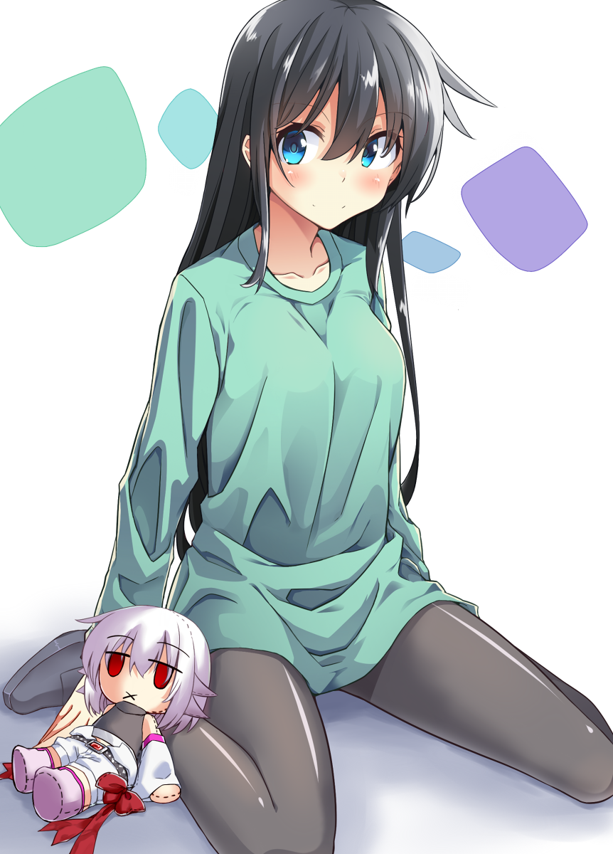 1girl, adyisu, altair_floone, area_aquamarine, black_hair, blue_eyes, blush, breasts, highres, long_hair, looking_at_viewer, original, pantyhose, sitting, smile, solo, stuffed_animal, stuffed_toy, wariza