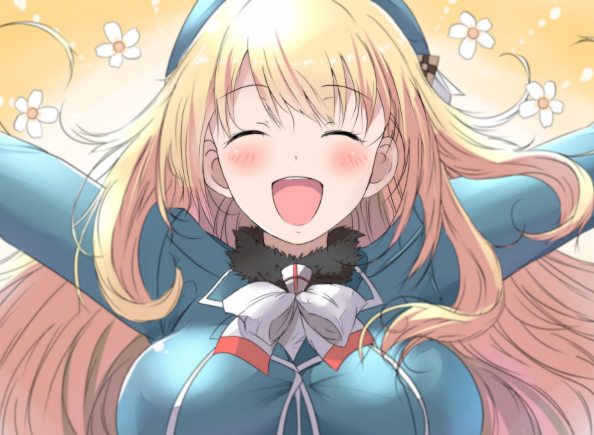 1girl, :d, ^_^, atago_(kantai_collection), beret, blonde_hair, blush, breasts