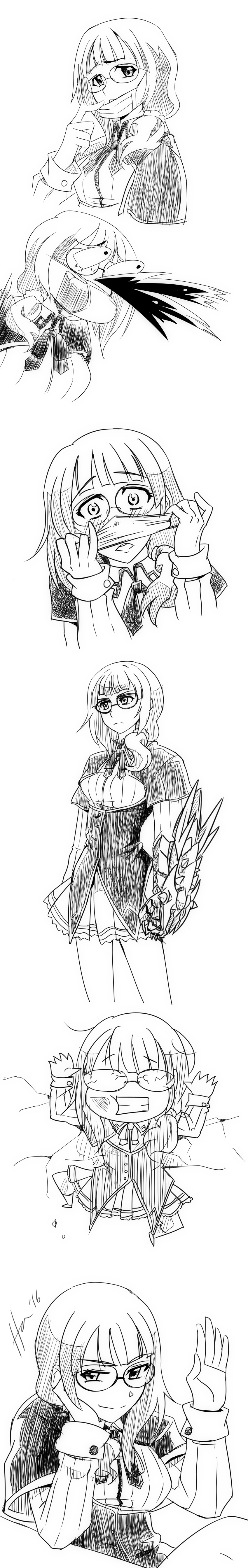 1girl, absurdres, alternate_hair_length, alternate_hairstyle, alternate_universe, blood, blush, boosted_gear, chibi, collage, glasses, hanukara_(artist), high_school_dxd, highres, incredibly_absurdres, long_image, nosebleed, o_o, ponytail, role_reversal, sketch, sona_sitri, surgical_mask, tall_image