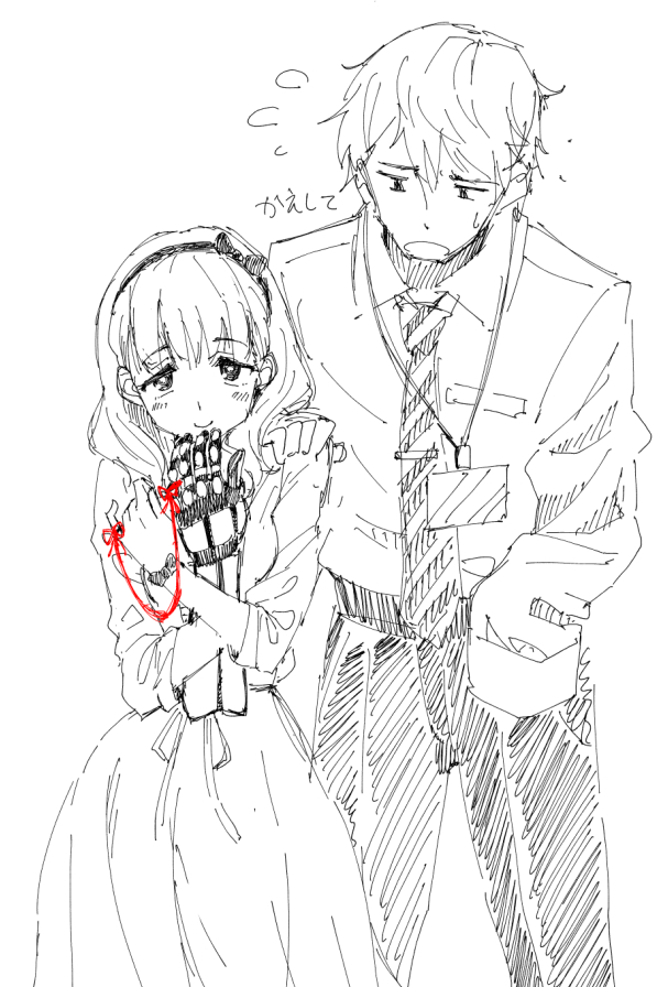 1boy, 1girl, amputee, blush, greyscale, hairband, idolmaster, idolmaster_cinderella_girls