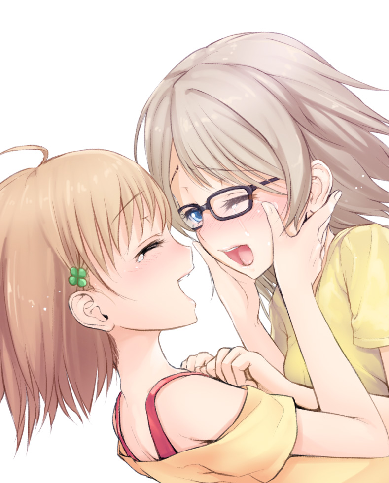 2girls, ahoge, bangs, blue_eyes, blush, clenched_hands, closed_eyes, clover_hair_ornament, girl_on_top, glasses, grey_hair, hair_ornament, hands_on_another's_cheeks, hands_on_another's_chest, hands_on_another's_face, love_live!, love_live!_sunshine!!, multiple_girls, off-shoulder_shirt, one_eye_closed, open_mouth, orange_hair, shirt, short_hair, simple_background, t-shirt, takami_chika, tears, umeboshi_jin, watanabe_you, white_background, yuri
