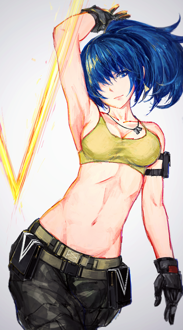 1girl, belt, black_gloves, blue_eyes, blue_hair, breasts, cleavage, dog_tags, gloves, labombardier!, leona_heidern, midriff, navel, ponytail, solo, sports_bra, the_king_of_fighters