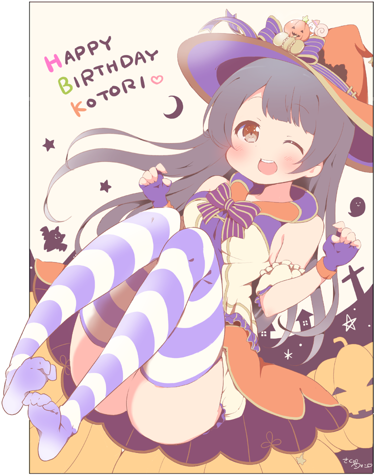 1girl, ;d, armband, bangs, bat, bloomers, blush, bow