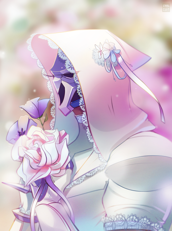 1boy, artist_name, bouquet, choker, claws, dark_skin, eyelashes, face_mask, flower, gloves, hair_flower, hair_ornament, holding, hood, hooded_jacket, jacket, lace-up_sleeves, lace_trim, looking_away, male_focus, mask, overwatch, profile, reaper_(overwatch), skull_mask, solo, steelsuit, trench_coat, upper_body
