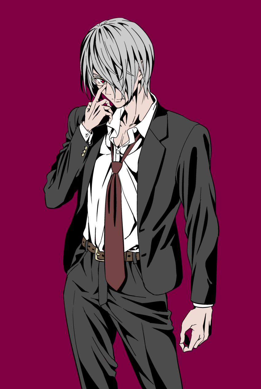 1boy, adjusting_glasses, doujin_work, formal, glasses, hair_over_one_eye, highres, hiroyuki
