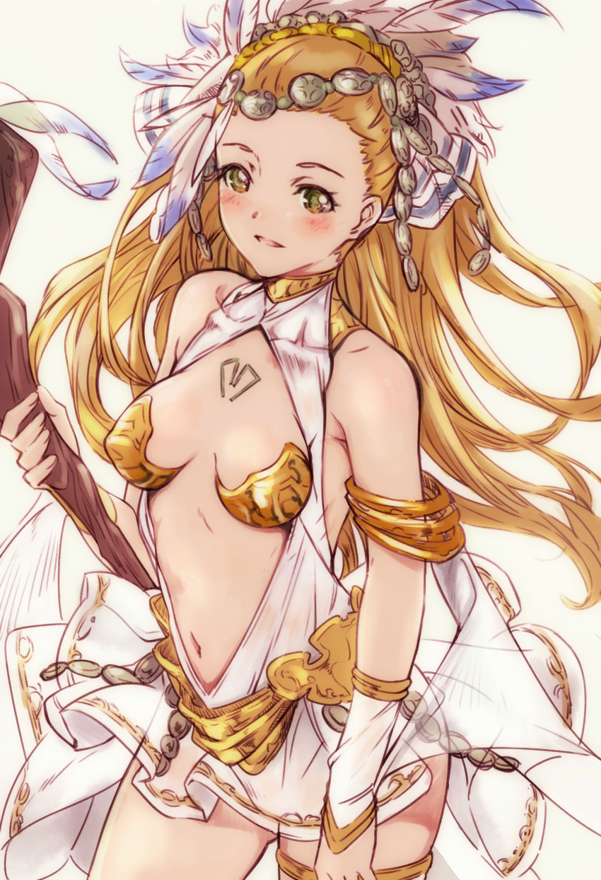 1girl, absurdres, armlet, bare_shoulders, blonde_hair, blush, breasts, center_opening