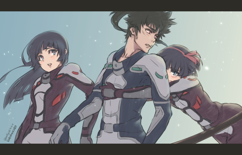 1boy, 2girls, black_hair, blue_eyes, hairband, kuromukuro, letterboxed, long_hair, muetta, multiple_girls, ouma_kennosuke_tokisada, ponytail, red_eyes, red_ribbon, ribbon, shirahane_yukina, short_hair