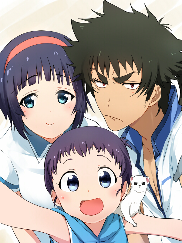 1boy, 2girls, black_hair, blue_eyes, blue_hair, comra, hairband, kuromukuro
