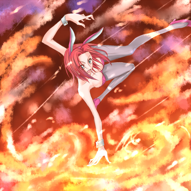 bunny_ears, bunnysuit, code_geass, gray_pantyhose, green_eyes, high_heels, kallen_stadtfeld, leotard, pantyhose, rabbit_ears, red_hair, redhead, shoes, suzuki_shia