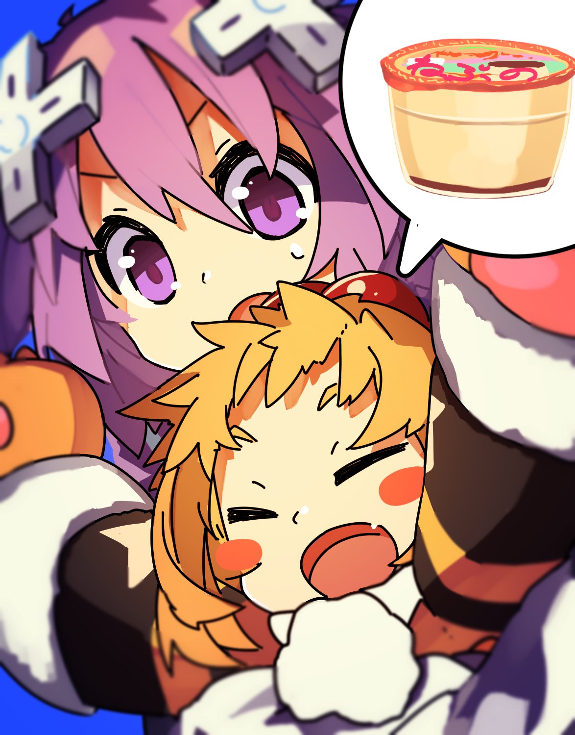 2girls, amakoke, blonde_hair, blue_eyes, blush, d-pad, fang, hair_ornament