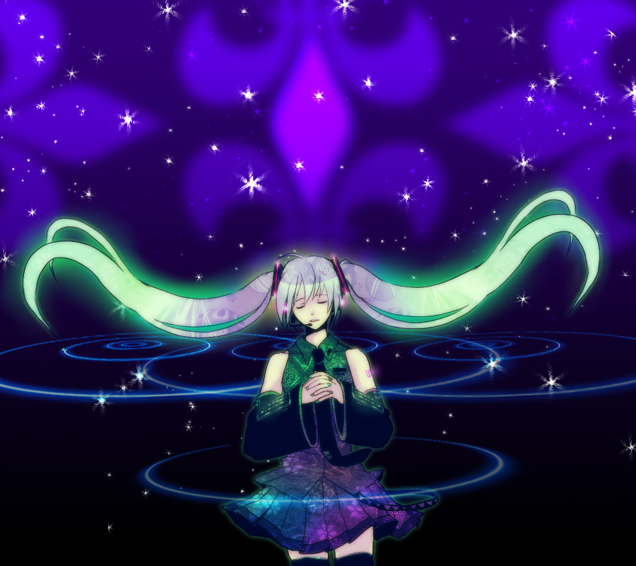 aqua_hair, bad_id, closed_eyes, detached_sleeves, hands_clasped, hatsune_miku, headset, long_hair