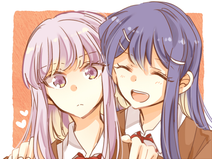 2girls, blue_hair, dangan_ronpa, dangan_ronpa_1, expressionless, hands_on_another's_shoulders, heart, kirigiri_kyouko