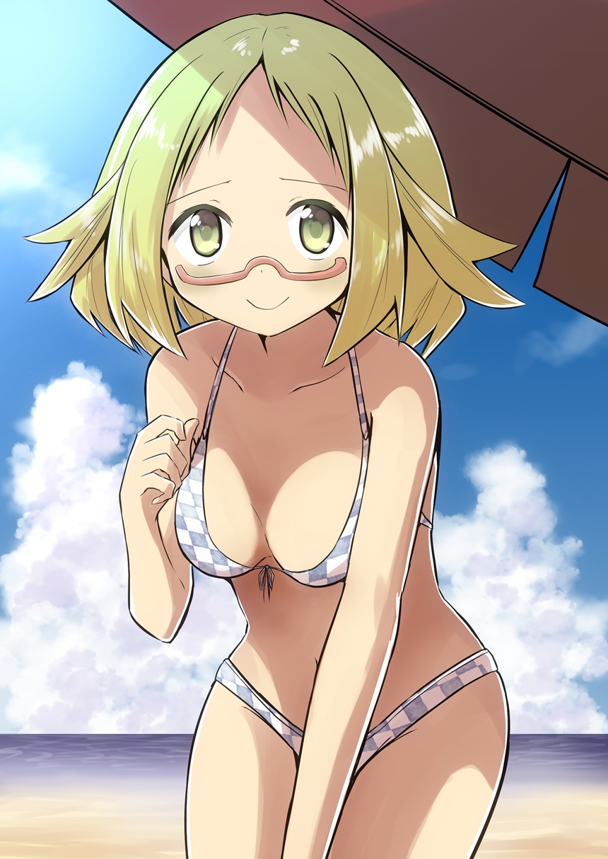 1girl, beach, bel_(pokemon), bikini, blonde_hair, breasts, checkered, checkered_bikini