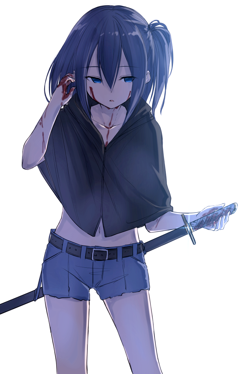 1girl, belt, black_hair, blood, blood_on_face, blood_on_fingers, bloody_hands, bloody_weapon