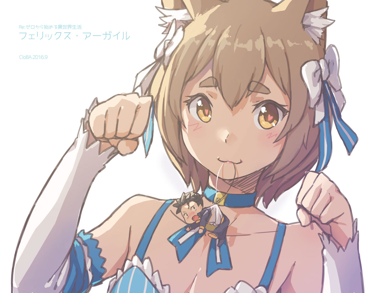 animal_ears, bow, brown_eyes, brown_hair, cat_ears, character_name, chibi, choker