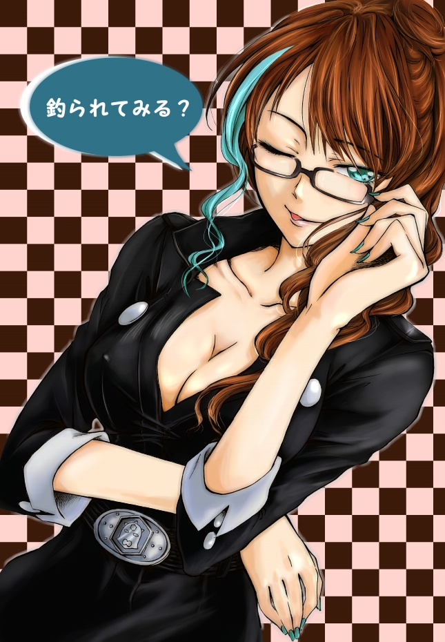 1girl, adjusting_eyewear, black-framed_eyewear, blue_eyes, breasts, brown_hair, cleavage, glasses
