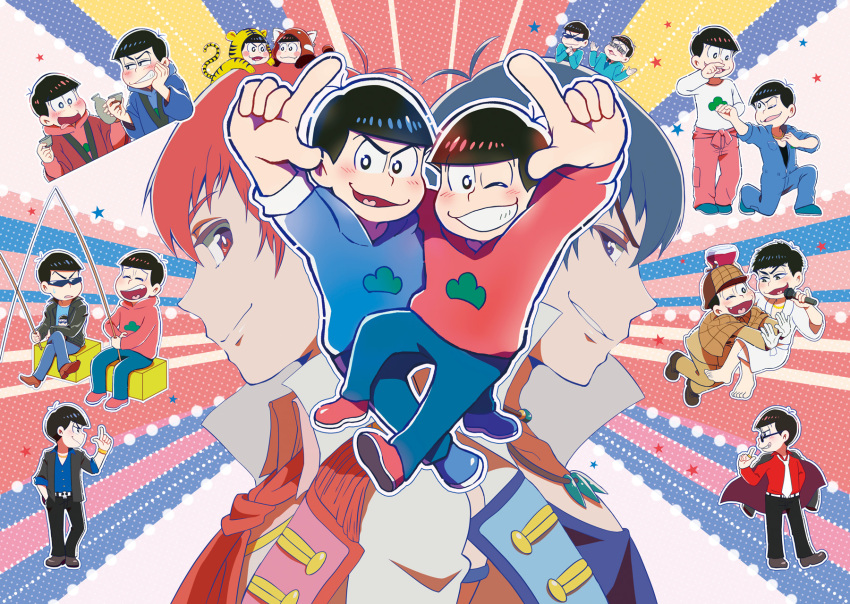 2boys, animal_costume, arm_up, black_hair, blue_hair, box, brothers, capelet