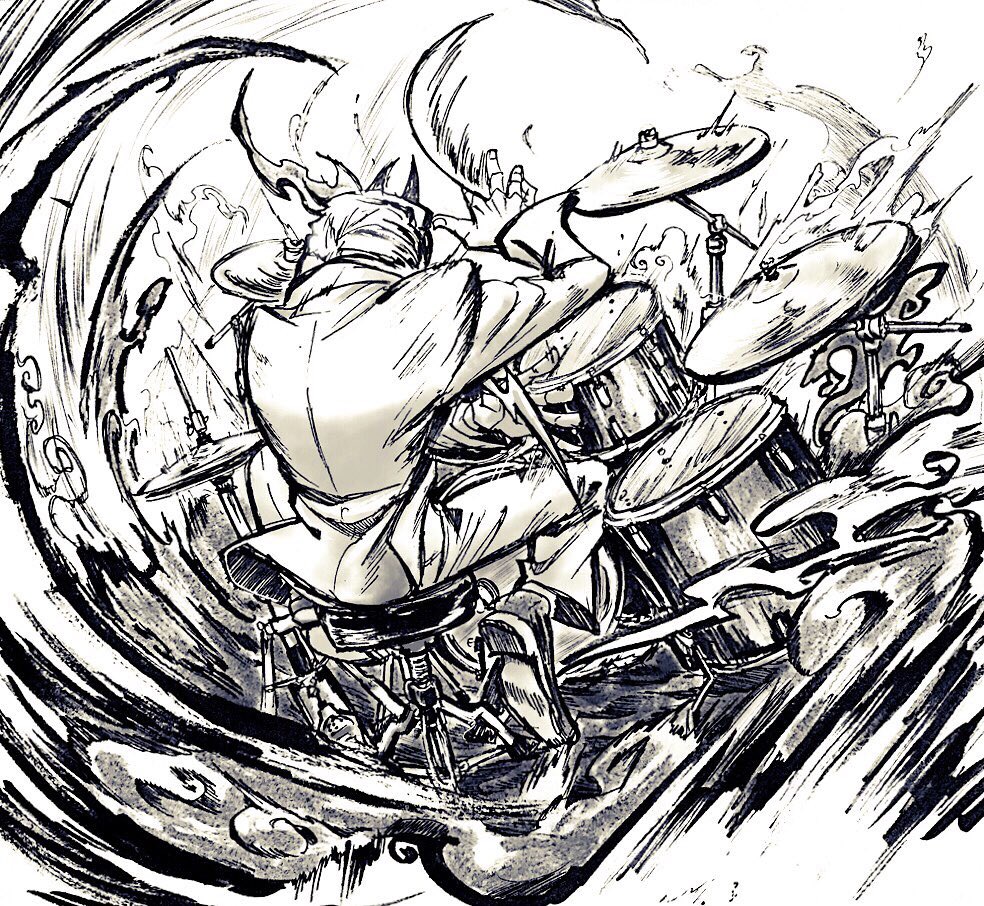 1boy, drum, drum_set, drumsticks, formal, from_behind, horns, instrument, kaminarasugorou, kurotake_ihi, male_focus, monochrome, monster_boy, music, playing_instrument, sitting, solo, suit, traditional_media, youkai, youkai_watch, youkai_watch_3
