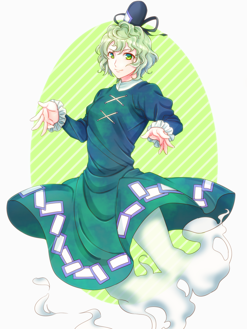 1girl, dress, frilled_sleeves, frills, ghost, ghost_tail, green_dress, green_eyes, green_hair, hat, japanese_clothes, kiro, long_sleeves, ofuda, short_hair, smile, soga_no_tojiko, solo, tate_eboshi, touhou