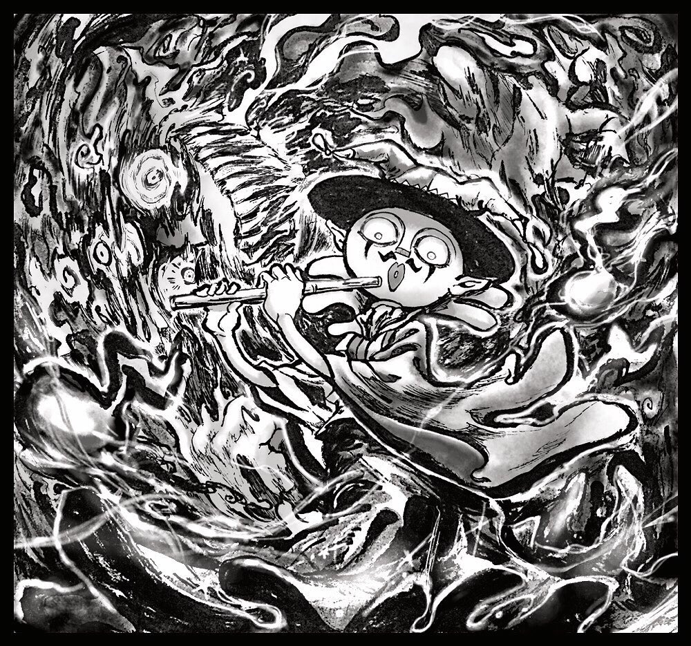 1boy, black_border, border, flute, hat, instrument, jester_cap, kurotake_ihi, lips, male_focus, monochrome, monster_boy, music, open_mouth, playing_instrument, pursed_lips, solo, traditional_media, yaamerunja_sensei, youkai, youkai_watch, youkai_watch_3