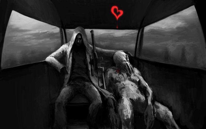 1boy, bloodsucker, dark, death, ferris_wheel, grey_sky, gun, headshot