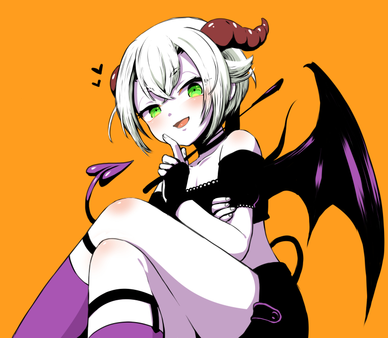 1boy, blush, crossed_legs, demon_boy, demon_horns, demon_tail, demon_wings, green_eyes
