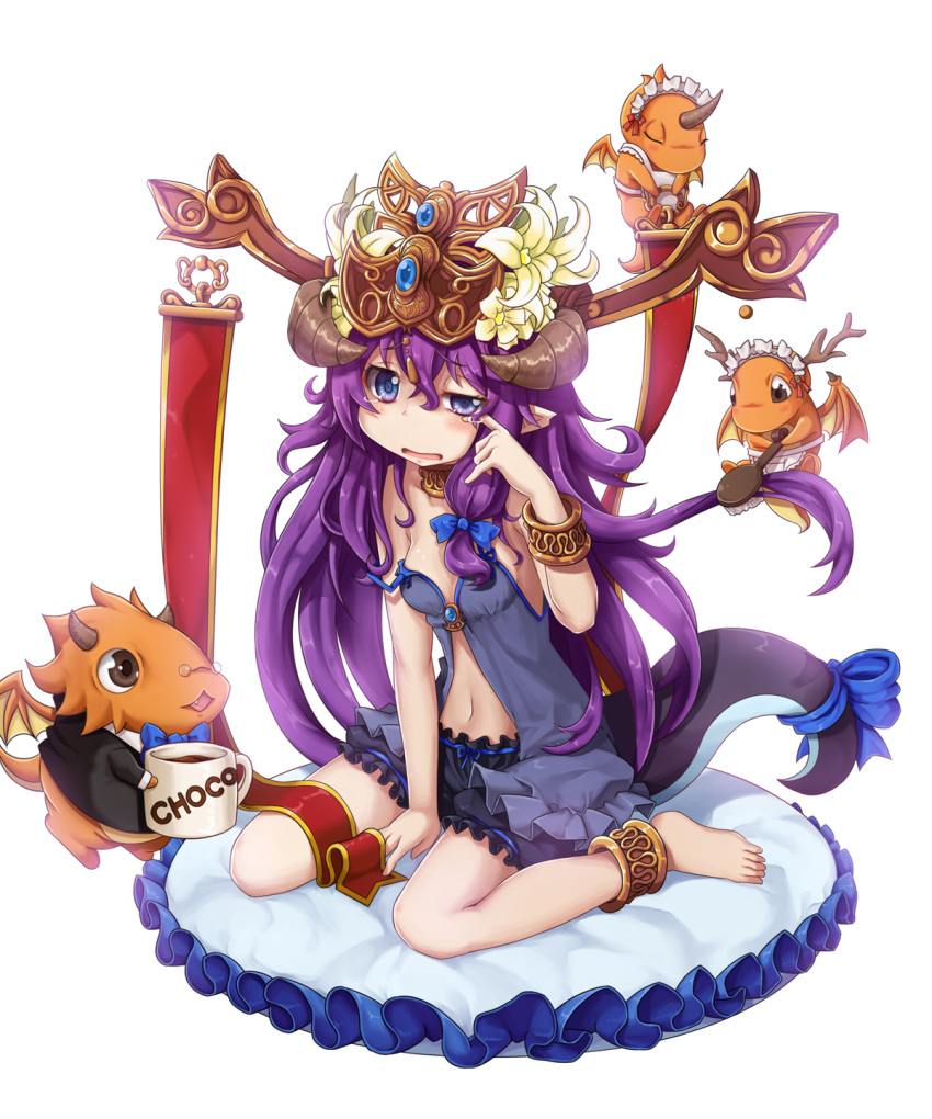 1girl, anklet, antlers, apron, armlet, barefoot, between_legs, bloomers