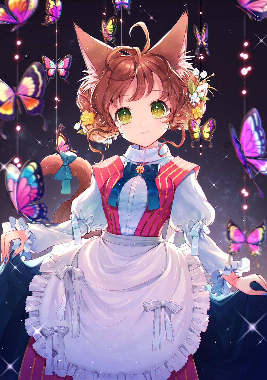 1girl, :3, animal_ears, apron, bell, bell_choker, blurry, bow