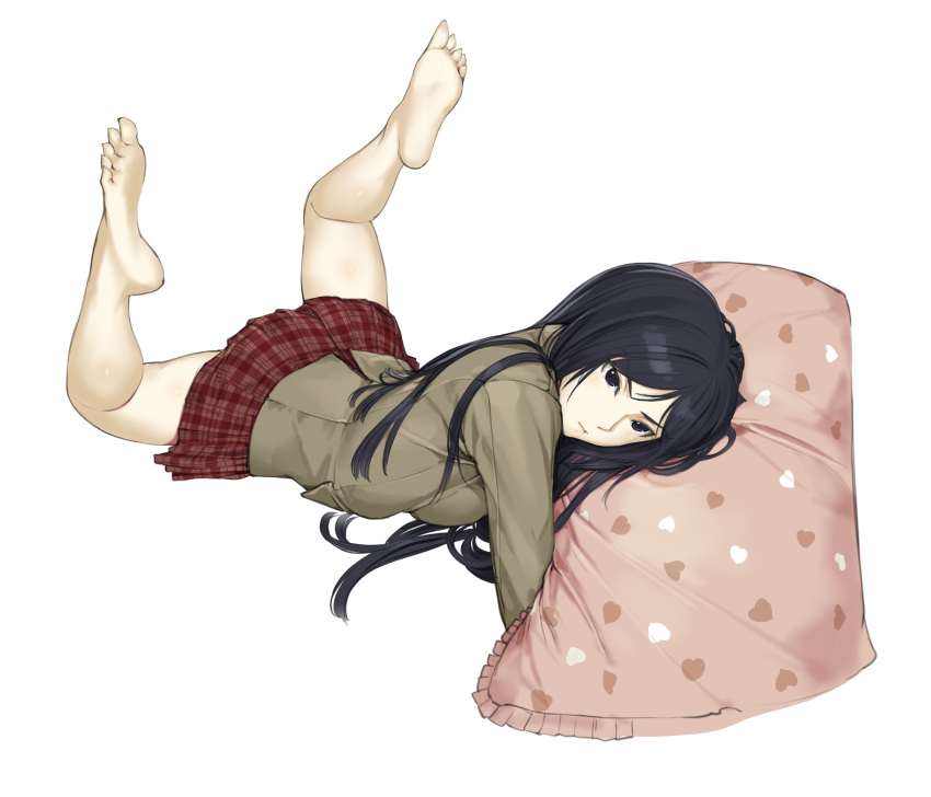 1girl, bare_legs, barefoot, black_eyes, black_hair, blazer, breasts, full_body