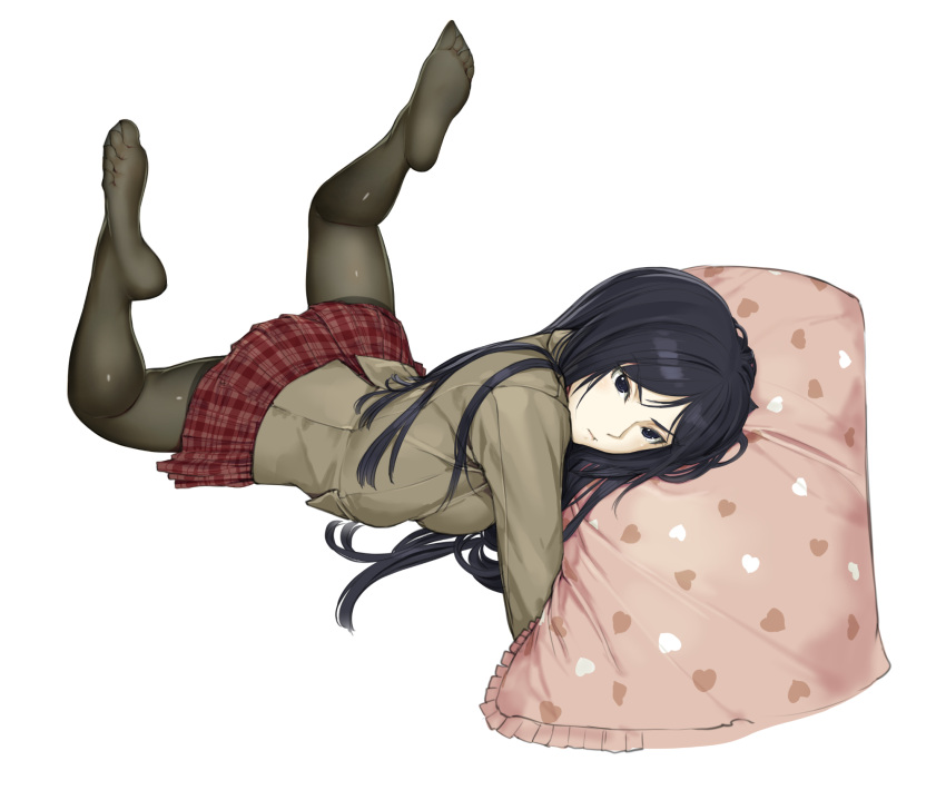 1girl, black_eyes, black_hair, black_legwear, blazer, breasts, full_body, heart_print