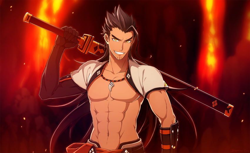 1boy, abs, brown_hair, fire, gloves, jewelry, long_hair, nakamura_hiro_(nobody10ch)