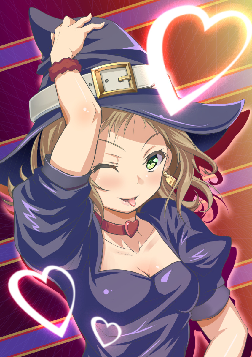 1girl, ;p, breasts, brown_hair, choker, cleavage, dress, earrings, female, green_hair, hand_on_headwear, hat, heart, highres, jewelry, kira_tsubasa, kurukuru_(p!), love_live!, love_live!_school_idol_project, one_eye_closed, scrunchie, smile, solo, tongue, tongue_out, witch_hat, wrist_scrunchie