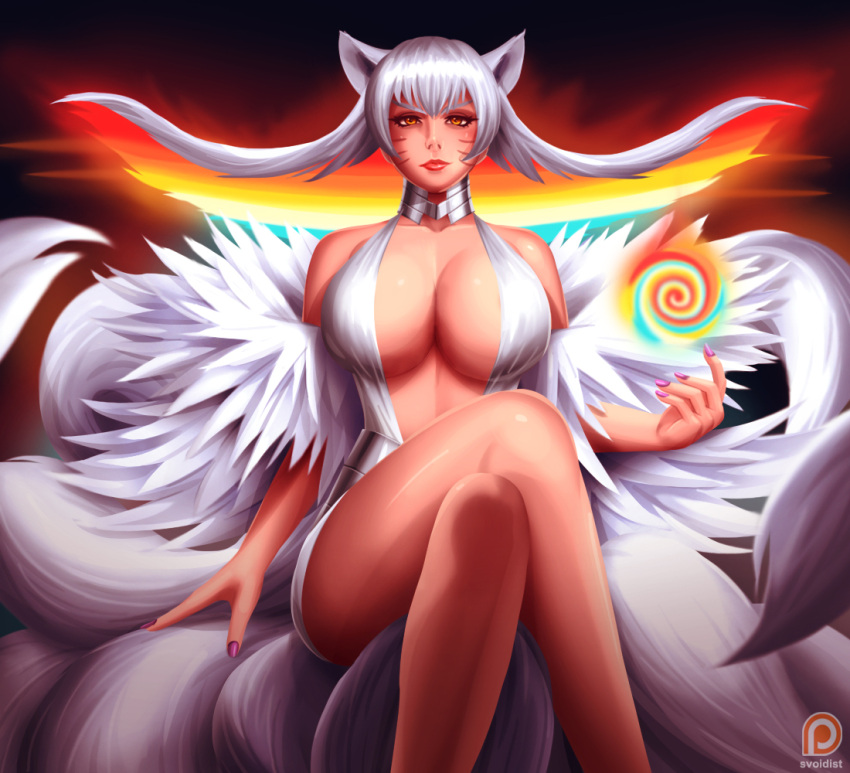 1girl, ahri, animal_ears, breasts, center_opening, cleavage, crossed_legs, dress