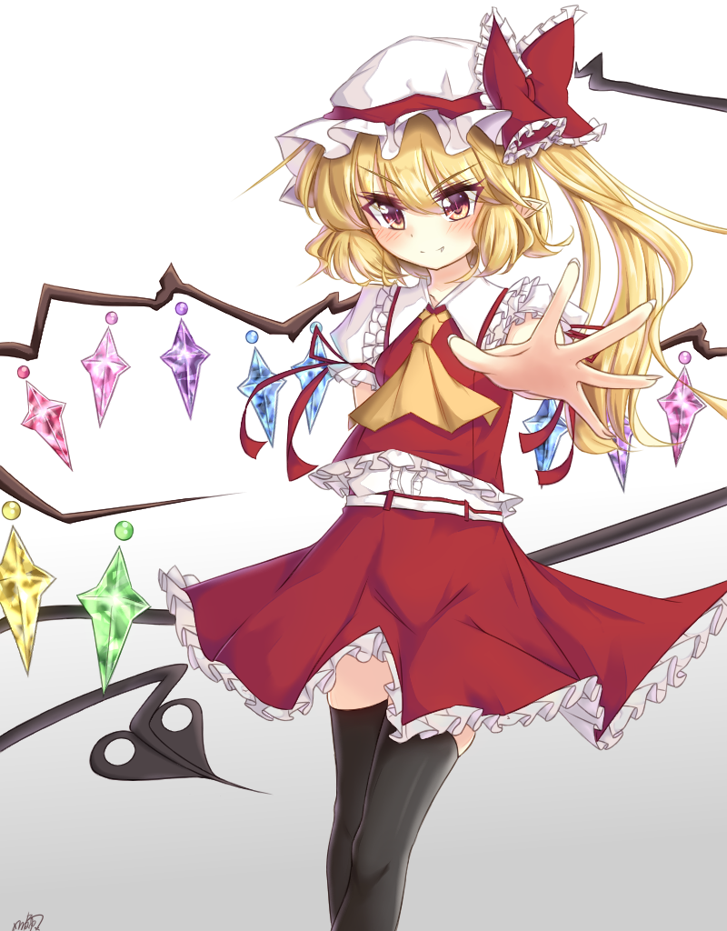 >:), 1girl, ascot, black_legwear, blonde_hair, blush, bow, closed_mouth