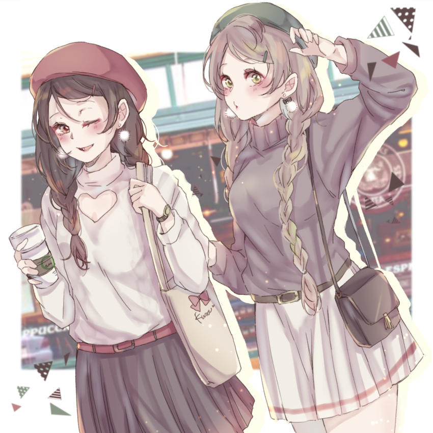 2girls, 39_kura, absurdres, alternate_hairstyle, bag, belt, beret, braid