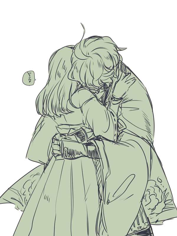 1boy, 1girl, couple, female_saniwa_(touken_ranbu), hetero, kasen_kanesada, long_hair, miyako_(nientetnein), monochrome, saniwa_(touken_ranbu), short_hair, simple_background, speech_bubble, touken_ranbu, translated, white_background