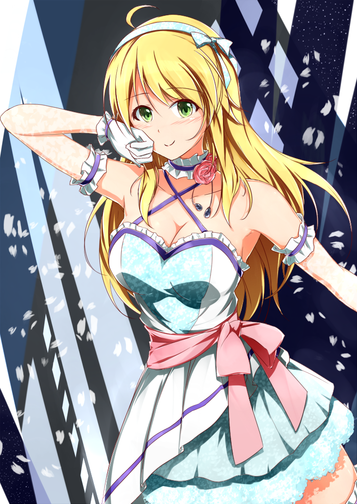1girl, blonde_hair, blue_dress, breasts, bright_egret, cleavage, collar, collarbone