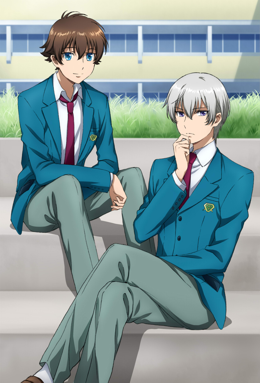 2boys, blue_eyes, brown_hair, hair_between_eyes, highres, kakumeiki_valvrave, l-elf, looking_at_viewer