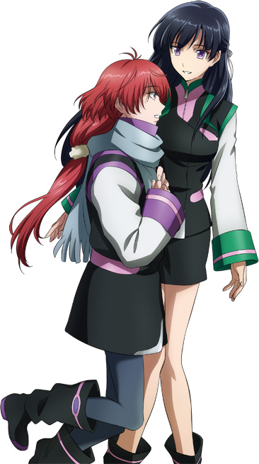 2girls, black_hair, black_skirt, blue_legwear, blue_skirt, eyebrows, eyebrows_visible_through_hair, hair_ribbon